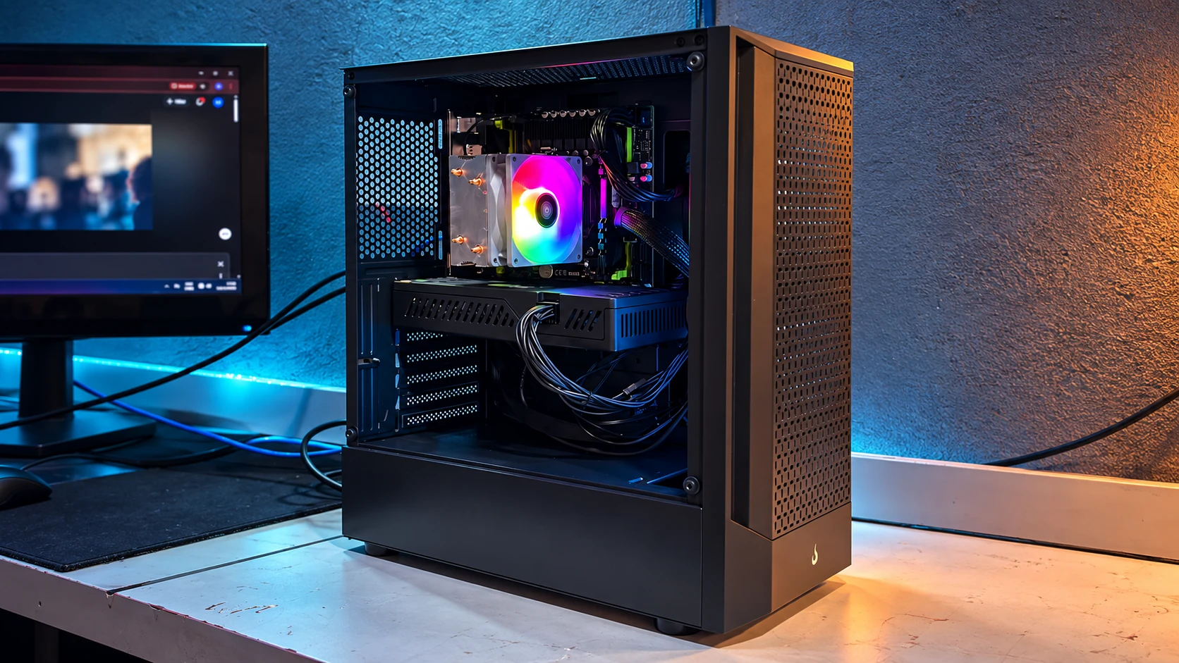 Computador gamer aberto mostrando o sistema interno de refrigeração